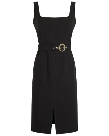 Rochie-creion cu decolteu patrat si curea in talie, Negru
