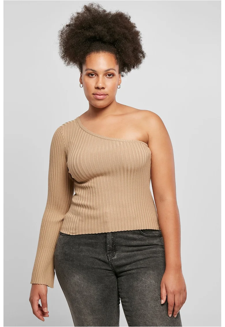 Bluza striata cu decolteu pe un umar, Maro camel