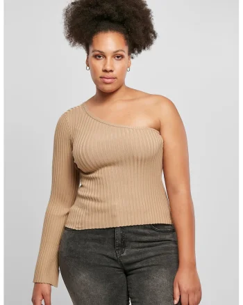 Bluza striata cu decolteu pe un umar, Maro camel