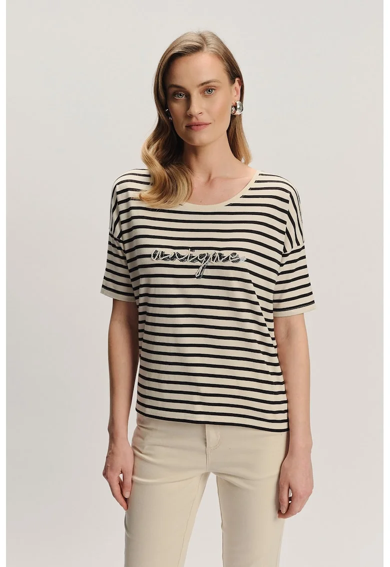 Tricou cu margele, dungi si decolteu rotund, Negru/Bej inchis
