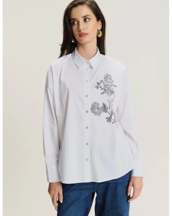 Camasa cu detaliu cu imprimeu floral si guler ascutit, Alb/Bleumarin