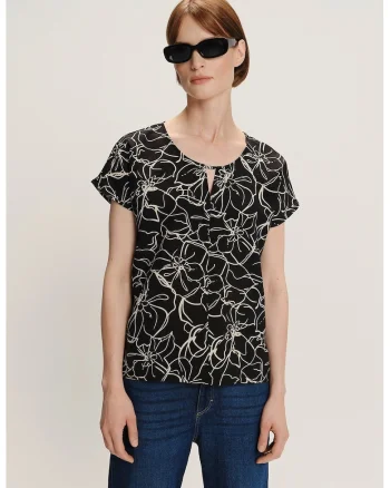 Bluza cu maneci scurte si model, Negru/Bej