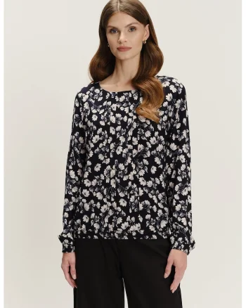 Bluza cu decolteu rotund si model, Alb fildes/Negru