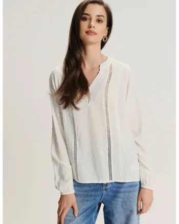 Bluza-tuica cu insertii crosetate, Alb fildes
