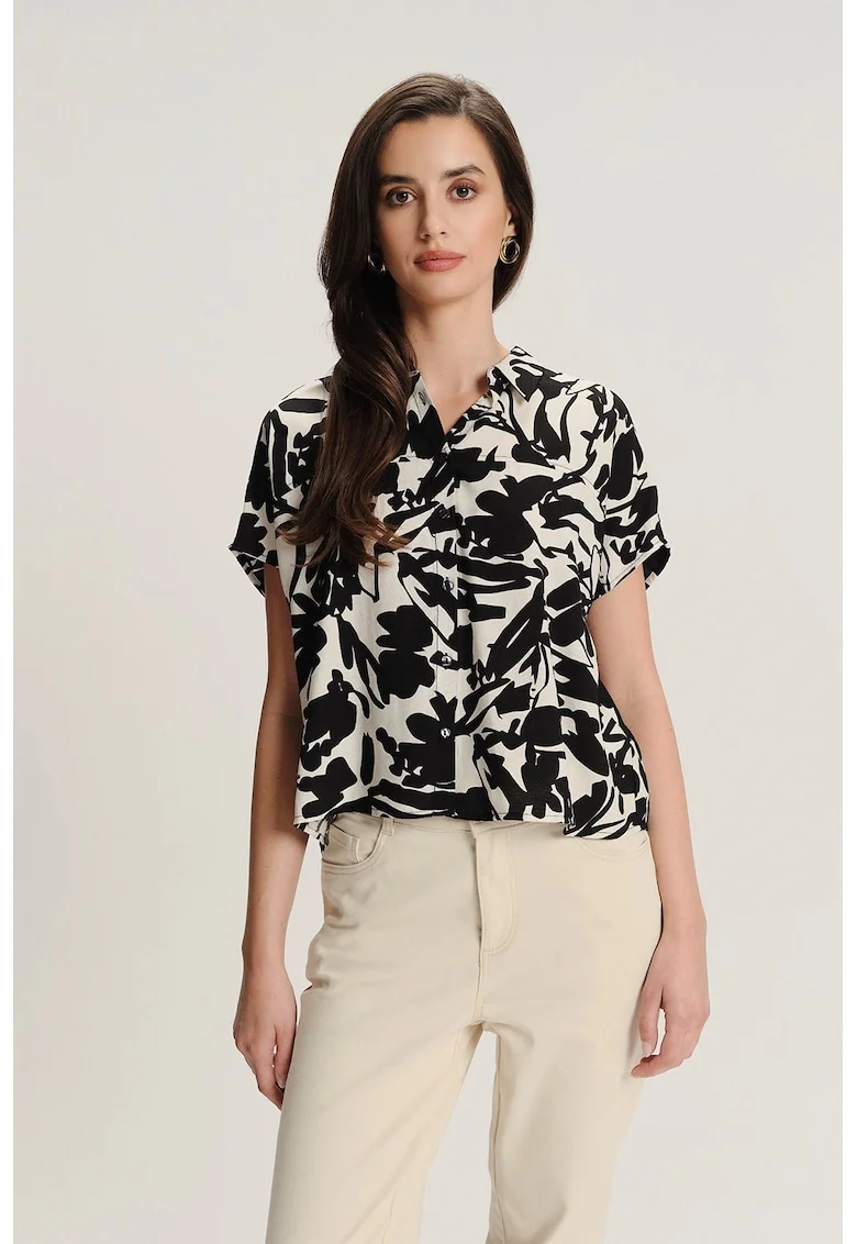Camasa cu model floral si maneci scurte, Negru/Bej