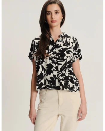 Camasa cu model floral si maneci scurte, Negru/Bej
