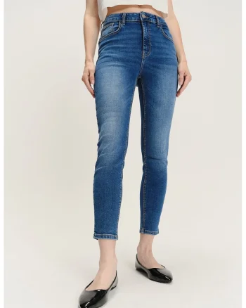 Blugi crop din denim, Albastru melange