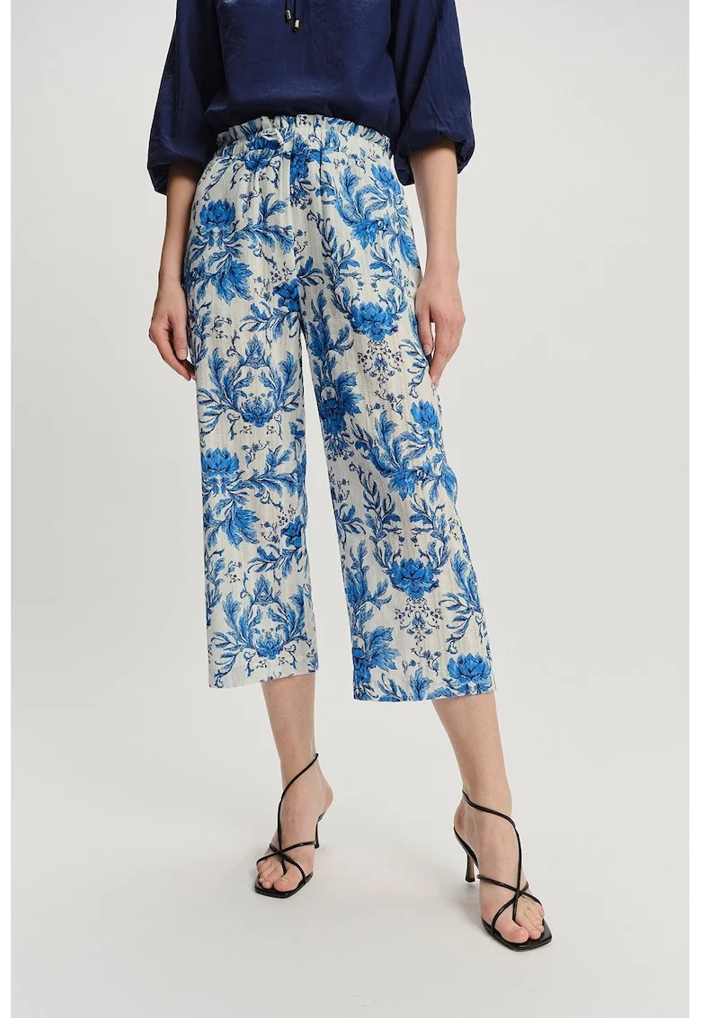 Pantaloni crop cu design floral, Alb fildes/Albastru