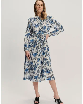 Rochie midi cu design floral, Bej/Albastru