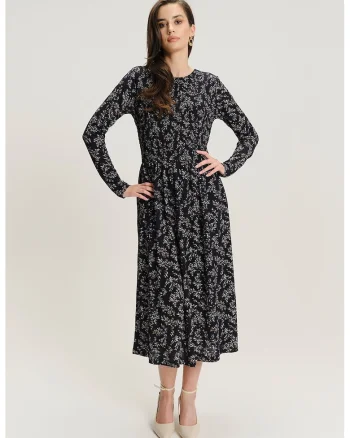 Rochie midi din amestec de modal cu model, Negru/Bej