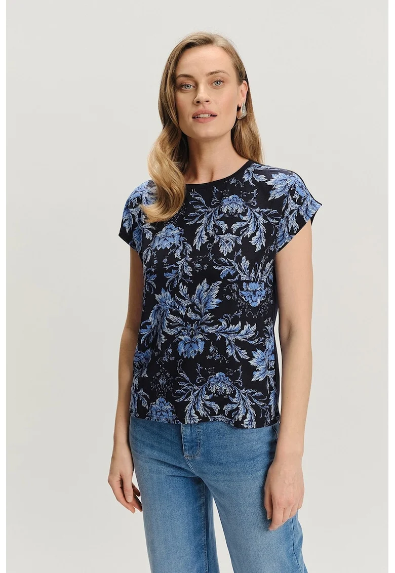 Tricou cu model floral si decolteu la baza gatului, Albastru ultramarin/Albastru