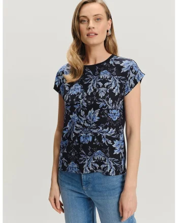 Tricou cu model floral si decolteu la baza gatului, Albastru ultramarin/Albastru