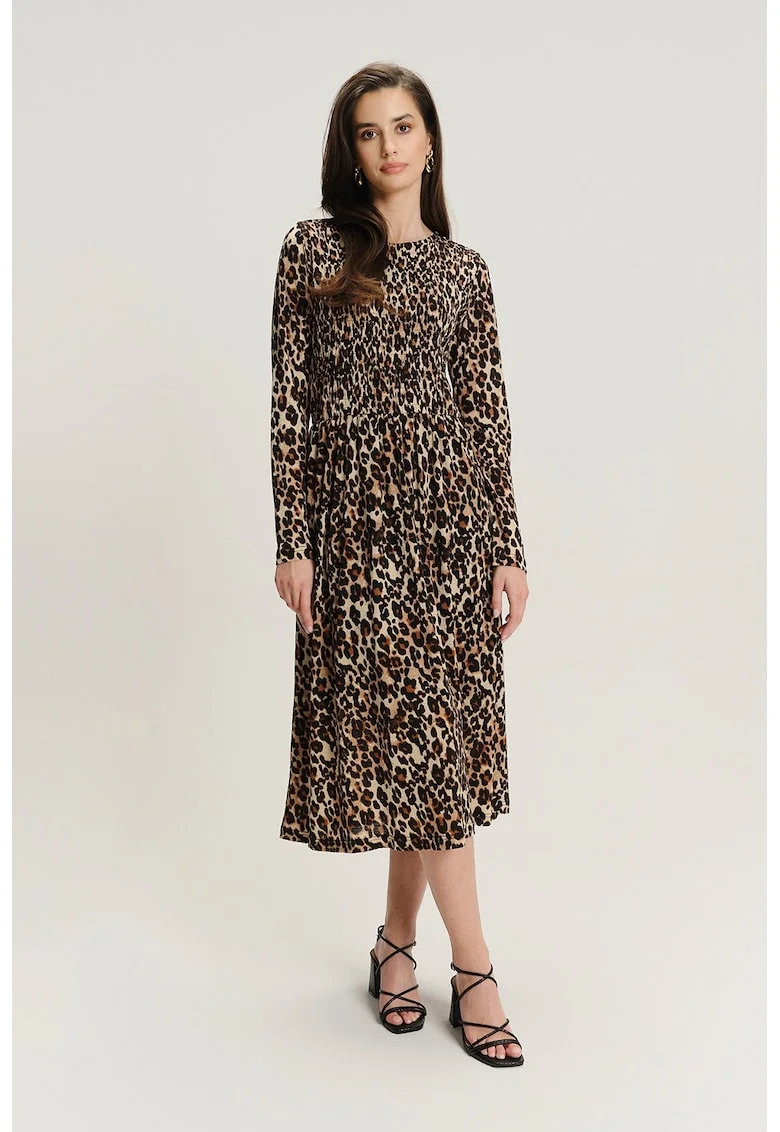 Rochie midi din amestec de modal cu model, Maro/Bej