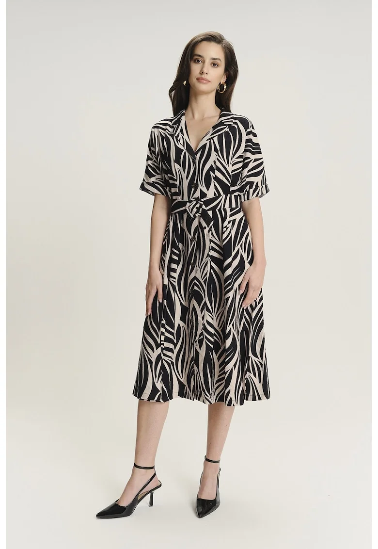 Rochie midi cu design si model, Negru/Maro nisip