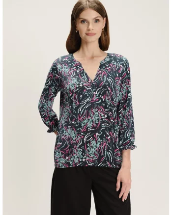 Bluza cu decolteu caftan si model, Negru/Fucsia/Gri cenusiu