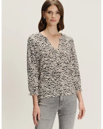 Bluza cu maneci trei sferturi si model, Negru/Bej