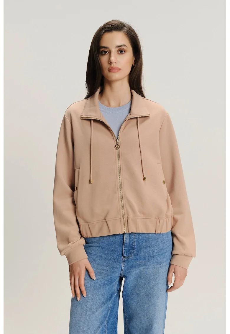 Bluza de trening cu terminatie elastica si fermoar, Maro deschis
