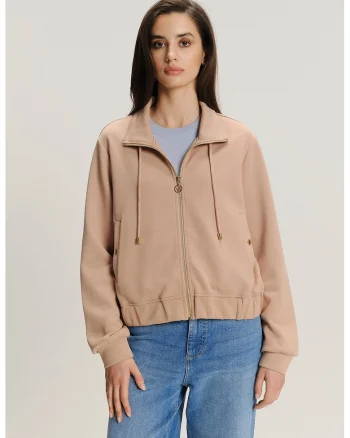 Bluza de trening cu terminatie elastica si fermoar, Maro deschis