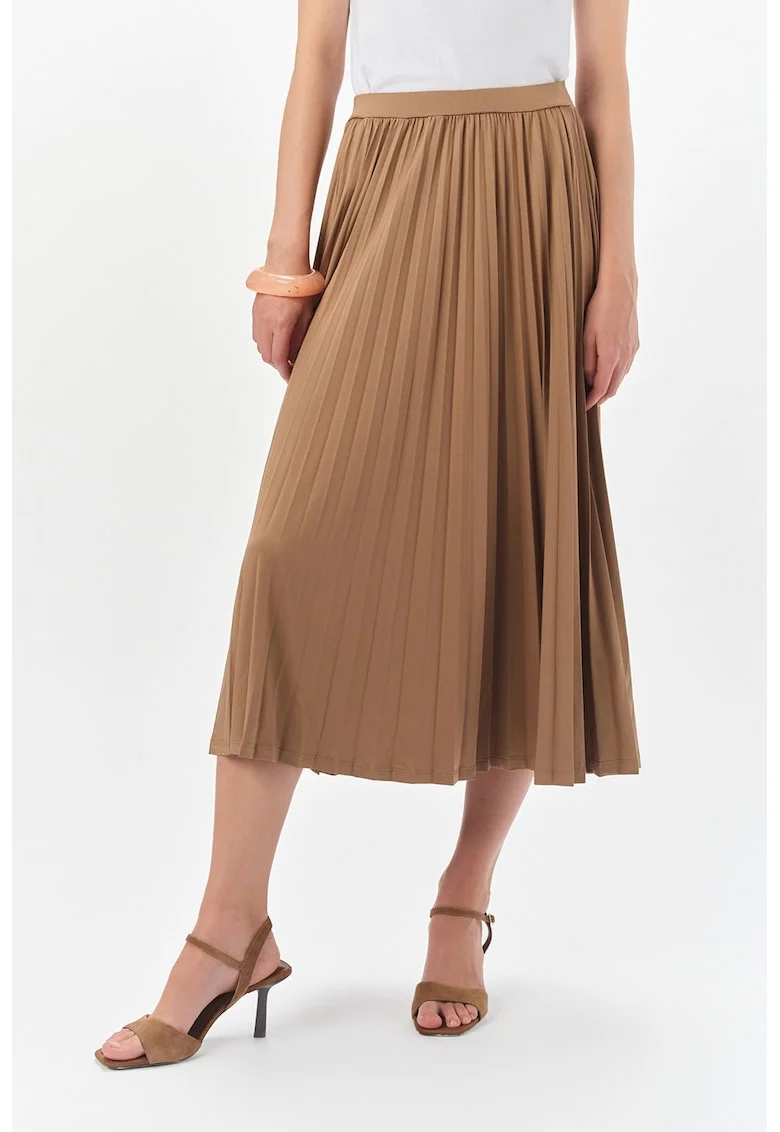 Fusta midi evazata cu model uni, Maro deschis