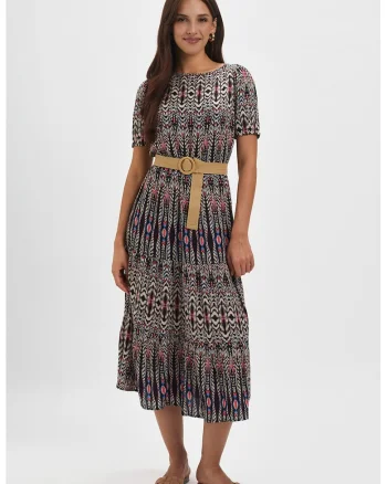 Rochie midi cu model si curea, Negru/Fucsia/Alb murdar