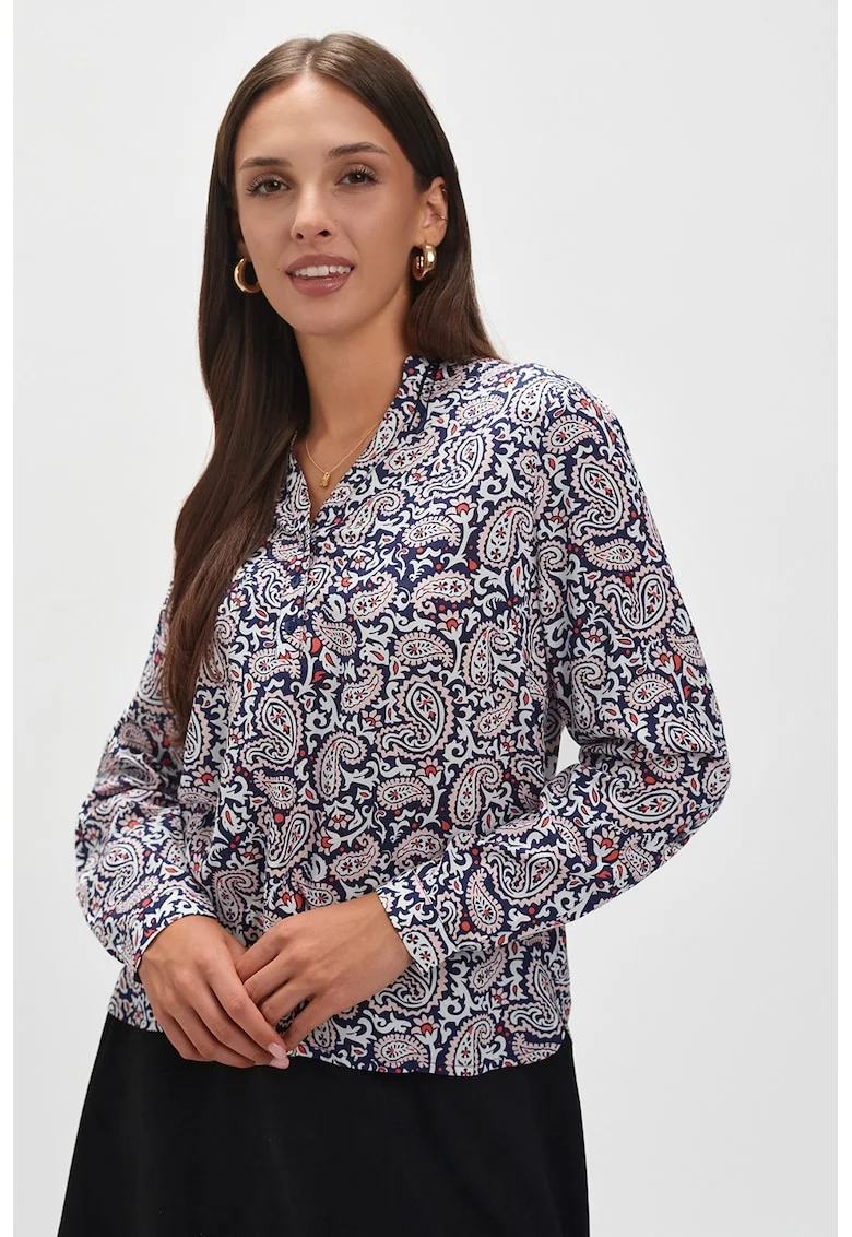 Bluza cu animal print cu maneci cazute, Alb/Roz deschis/Bleumarin