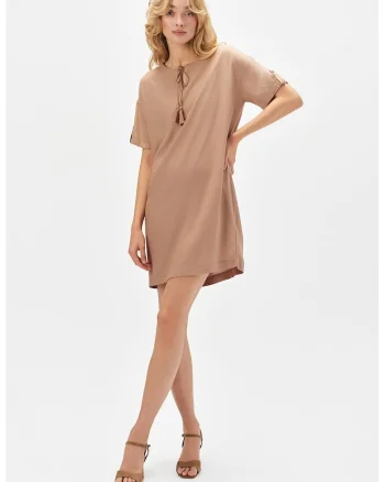 Rochie midi dreapta cu decupaj in V, Maro nisip