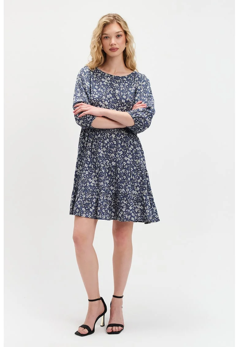Rochie cu model si maneci bufante, Alb/Albastru prafuit