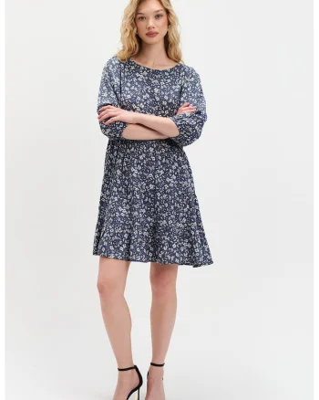 Rochie cu model si maneci bufante, Alb/Albastru prafuit