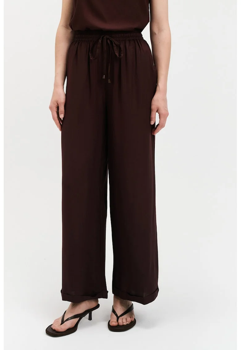 Pantaloni cu croiala ampla si talie inalta, Maro cognac