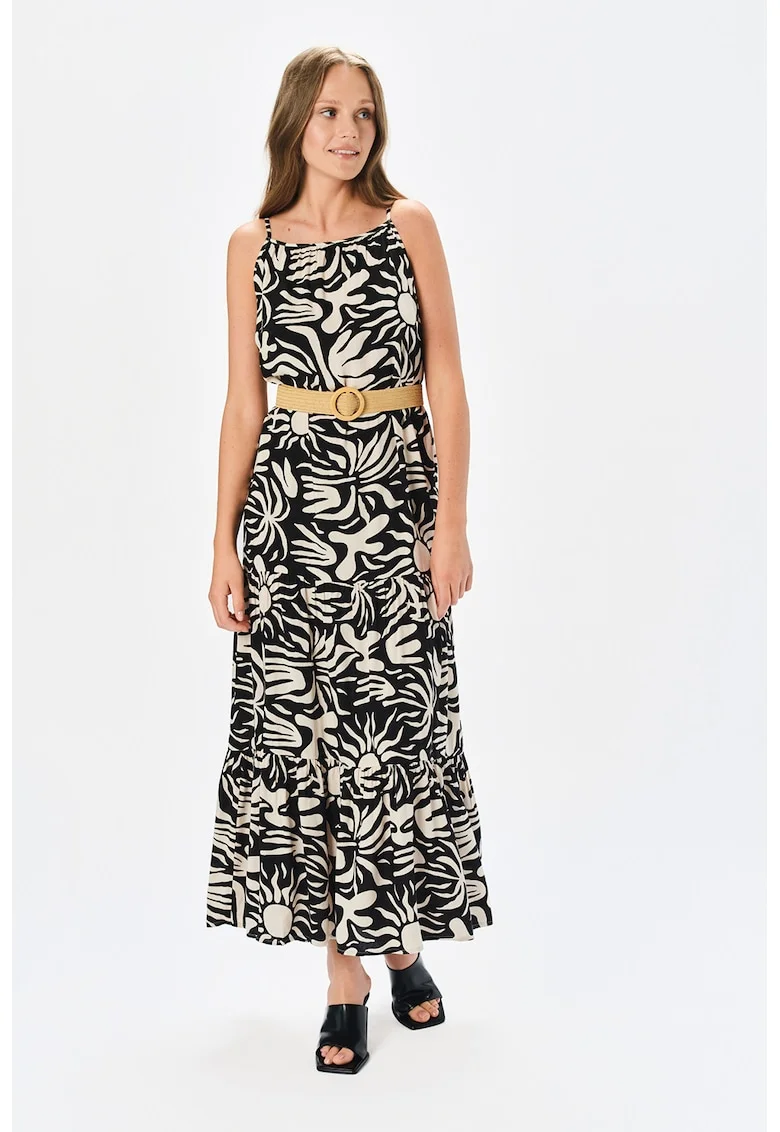 Rochie maxi cu model si terminatie cu volane, Negru/Crem