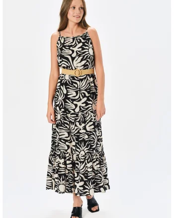 Rochie maxi cu model si terminatie cu volane, Negru/Crem