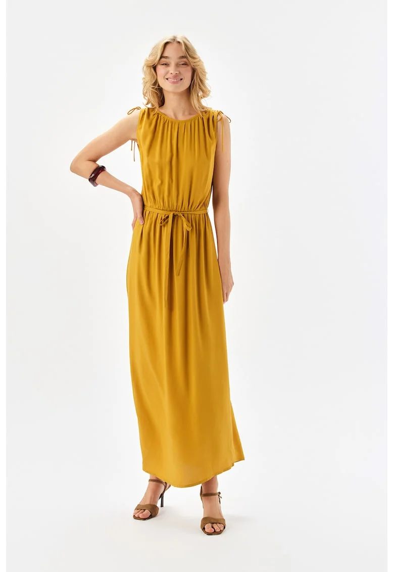 Rochie maxi dreapta cu cordon in talie, Galben mustar