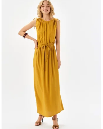 Rochie maxi dreapta cu cordon in talie, Galben mustar