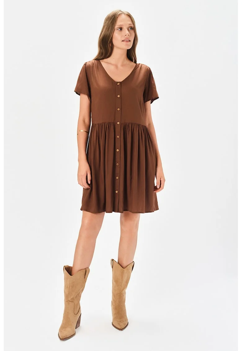 Rochie mini evazata cu decolteu in V, Maro inchis