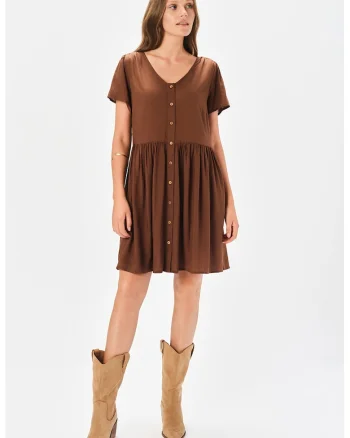 Rochie mini evazata cu decolteu in V, Maro inchis