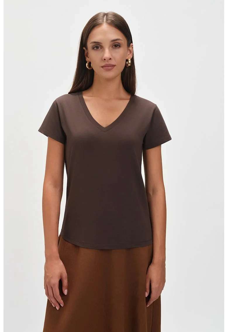 Tricou de bumbac cu decolteu in V, Maro inchis