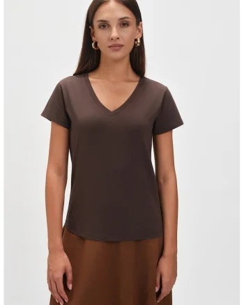 Tricou de bumbac cu decolteu in V, Maro inchis