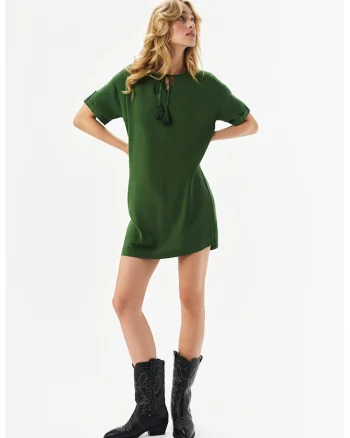 Rochie midi dreapta cu decupaj in V, Verde aquamarin