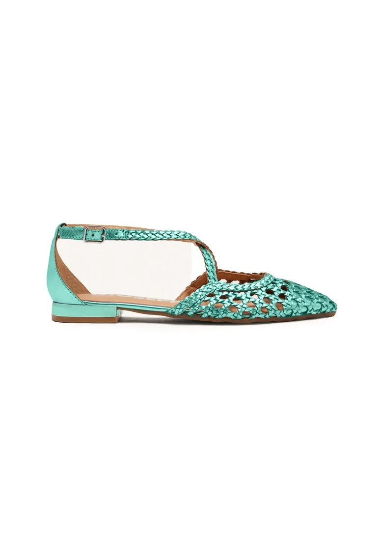 Balerini de piele cu perforatii, Verde aquamarin