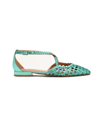 Balerini de piele cu perforatii, Verde aquamarin