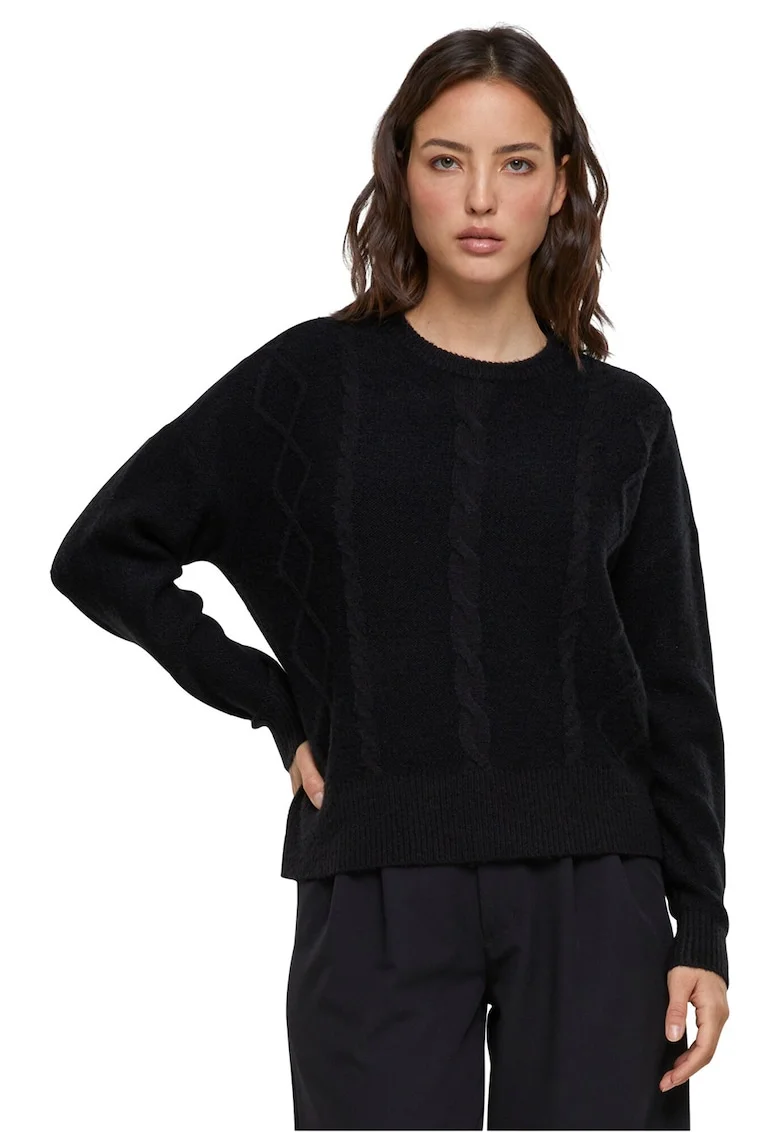 Pulover cu maneci cazute si design cu torsade, Negru melange