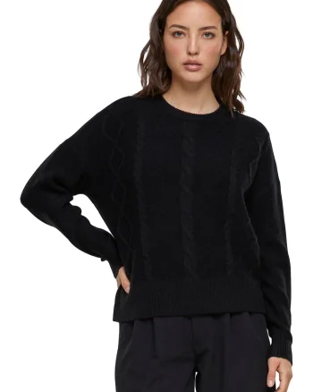 Pulover cu maneci cazute si design cu torsade, Negru melange