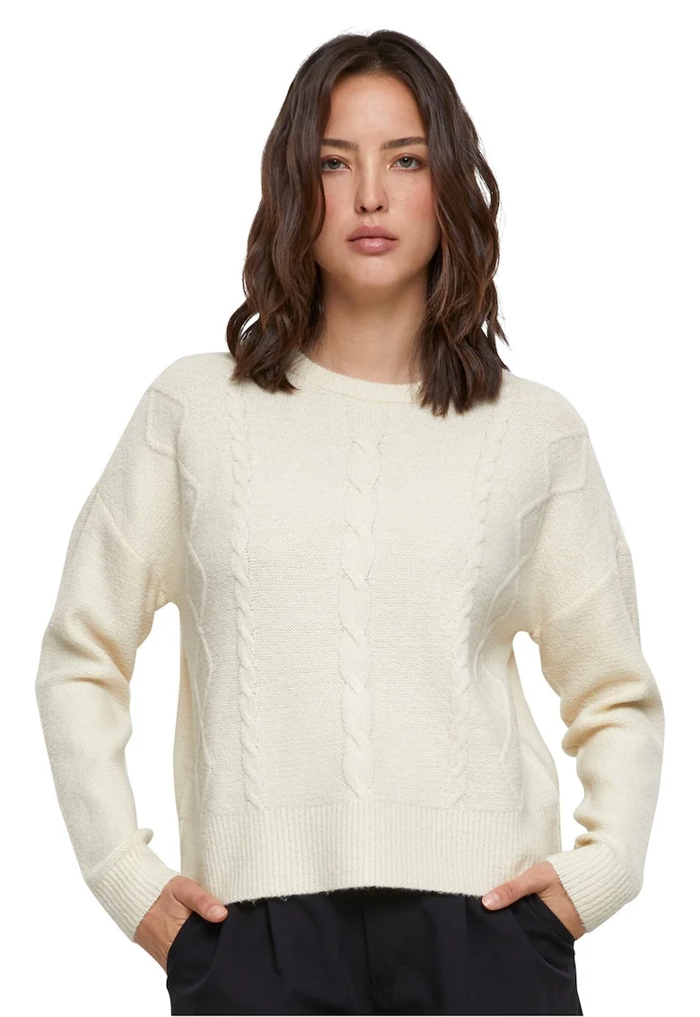 Pulover cu maneci cazute si design cu torsade, Alb fildes