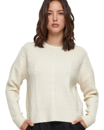 Pulover cu maneci cazute si design cu torsade, Alb fildes