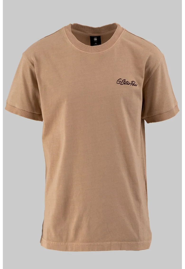 Tricou cu decolteu la baza gatului si logo brodat, Bej inchis