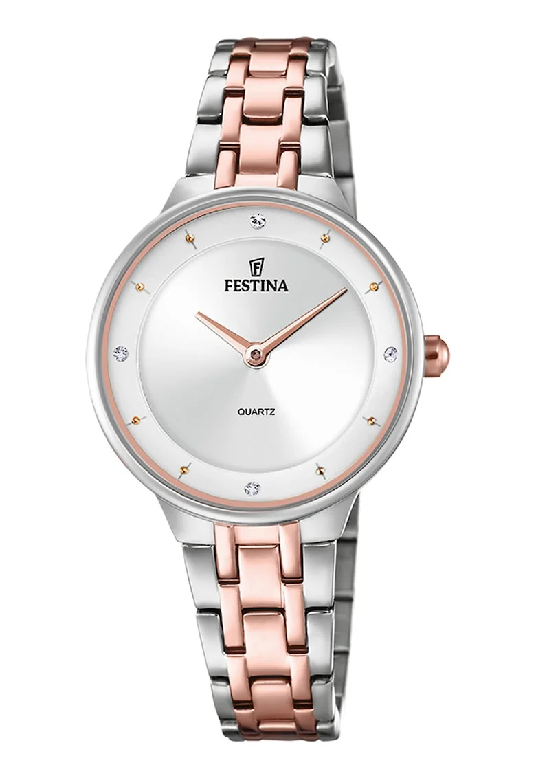 Ceas analog cu model in doua nuante, Auriu rose/Argintiu