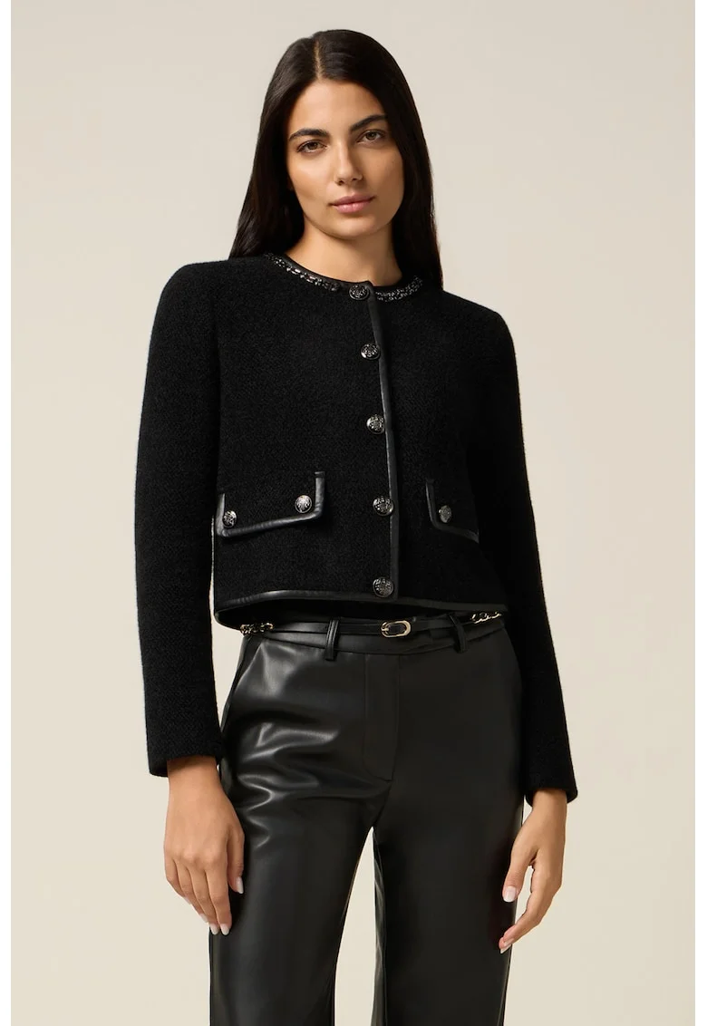 Sacou cu aspect texturat cu nasturi metalici, Negru