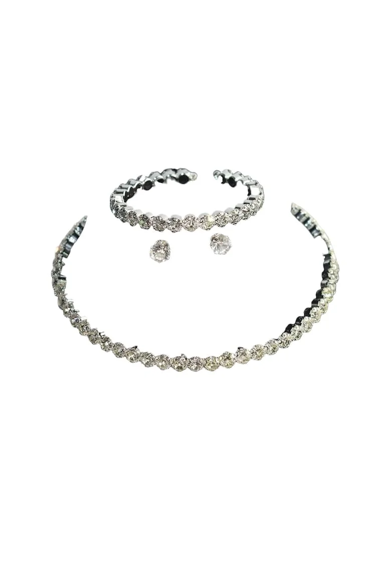 Set colier tennis, bratara si cercei, argintiu, cu pietre, Nicia C8