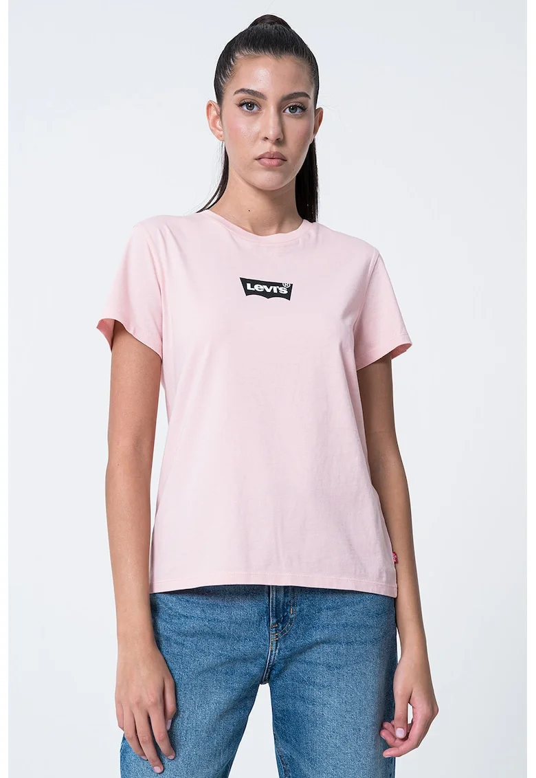 Tricou de bumbac cu decolteu la baza gatului, Roz deschis/Roz