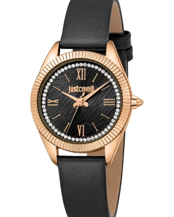 Ceas cu o curea de piele, Auriu rose/Negru